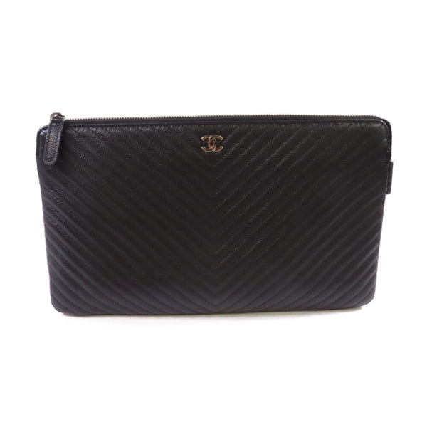 CHANEL Herringbone SHW CC Clutch Bag Pouch Calfskin Leather Black