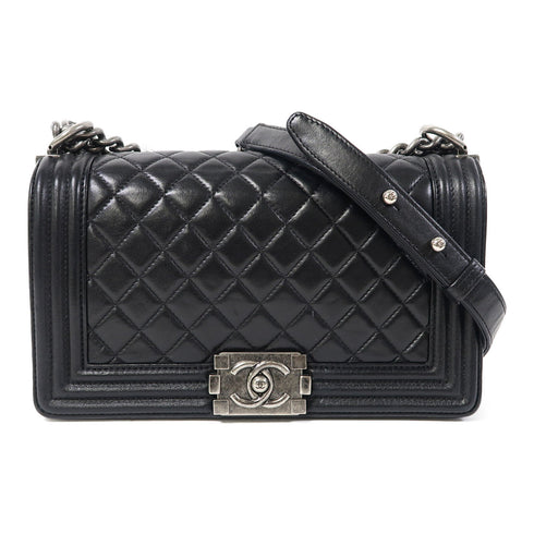 CHANEL Quilted CC SHW Boy 25 Chain Shoulder Bag Leather Black