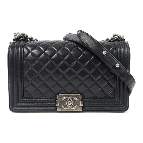 CHANEL Quilted CC SHW Boy 25 Chain Shoulder Bag Leather Black
