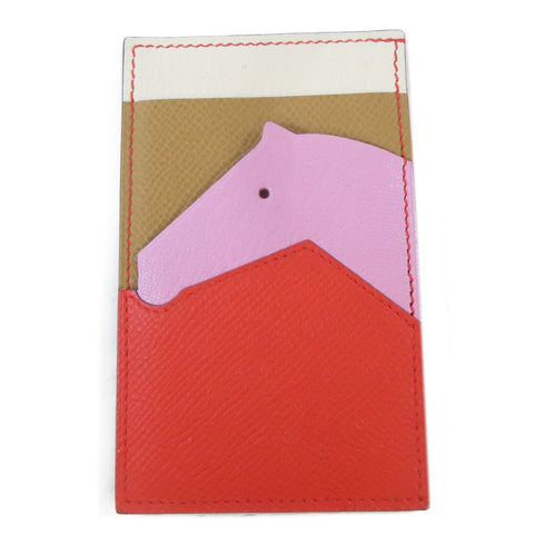 HERMES Les Petits Chevaux Card Case Epsom Leather White Brown Pink Red