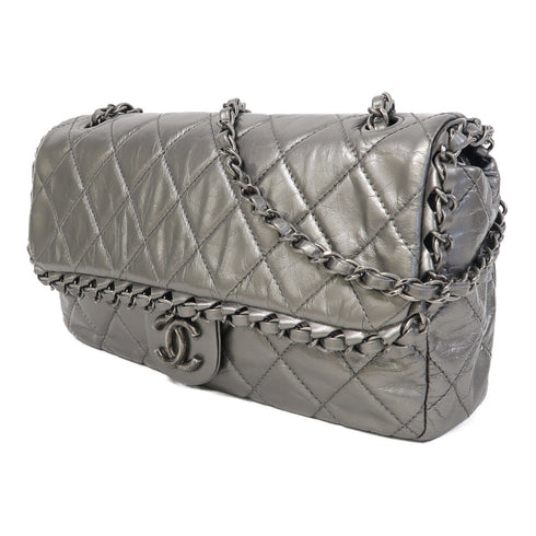CHANEL Quilted CC SHW Chain Shoulder Bag Calfskin Leather Silver