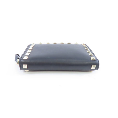 Valentino GHW Zipper Wallet Calfskin Leather Black