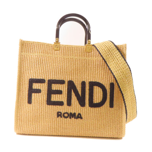 FENDI GHW Sunshine Medium Tote 2 Way Shoulder Bag 8BH386 AAYV Woven Straw Beige