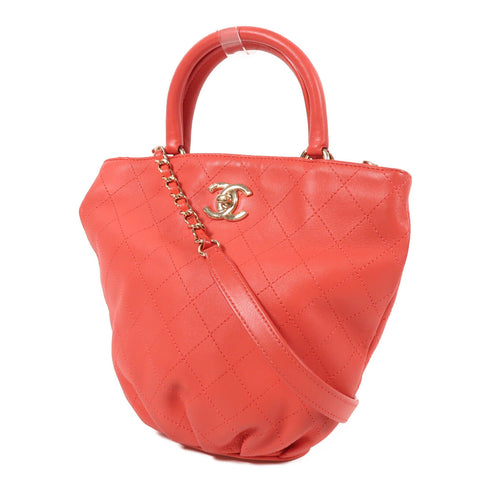 CHANEL CC GHW 2 Way Shoulder Bag Lambskin Leather Red