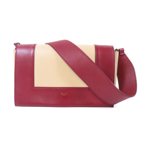 CELINE GHW Frame Medium Shoulder Bag 180263 Calfskin Leather Red Beige