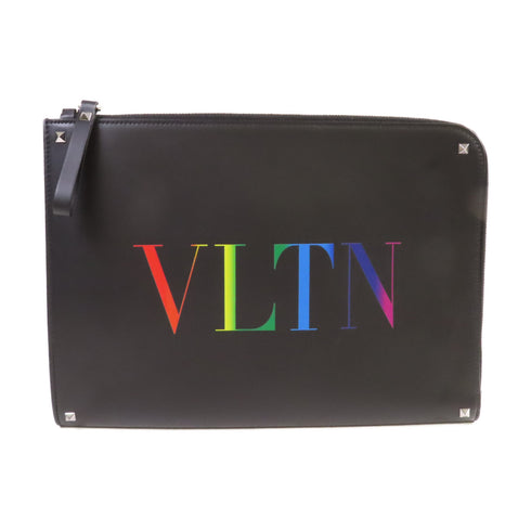 Valentino SHW VLTN Clutch Bag Pouch Calfskin Leather Black