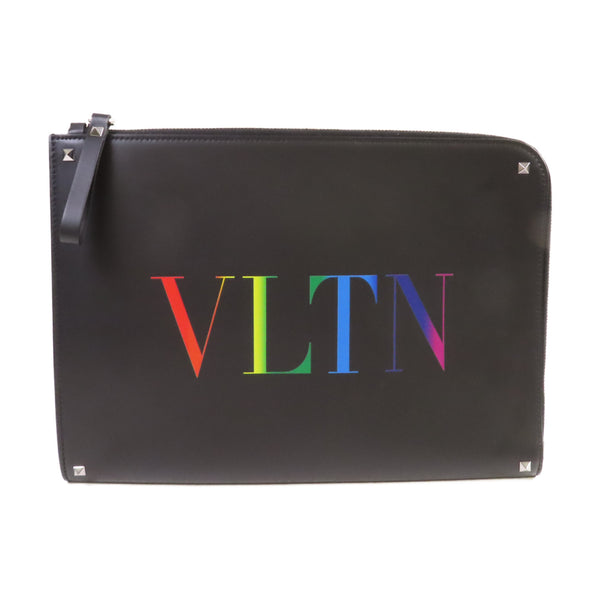 Valentino SHW VLTN Clutch Bag Pouch Calfskin Leather Black