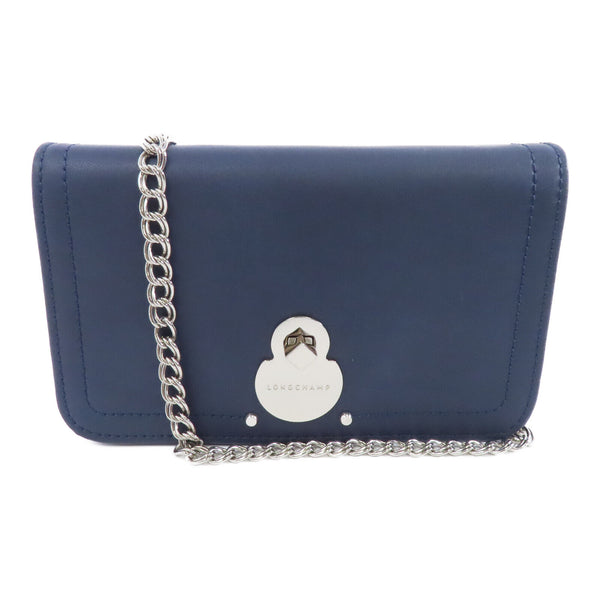 Longchamp SHW Chain Shoulder Bag Crossbody Calfskin Leather Navy
