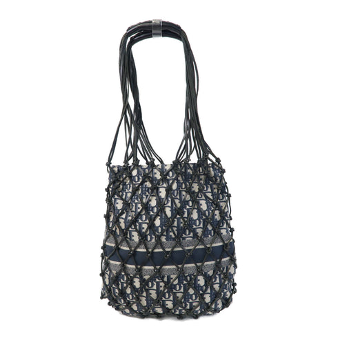 Dior Net Tote Bag Calfskin Leather Nylon Navy Black
