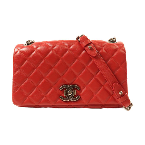 CHANEL CC SHW Shoulder Bag Lambskin Leather Red