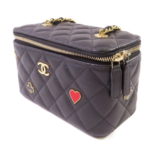 CHANEL Quilted GHW CC Vanity Case Chain Shoulder Bag Caviar Skin Leather Black