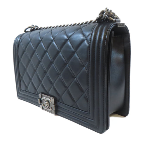 CHANEL Quilted CC Boy Chanel Chain Shoulder Bag Lambskin Leather Black