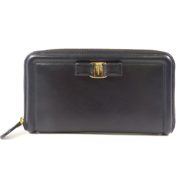 SALVATORE FERRAGAMO GHW Zipper Long Wallet Calfskin Leather Black