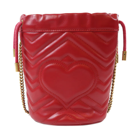 GUCCI GHW GG Marmont Bucket Chain Shoulder Bag 575163 Calfskin Leather Red