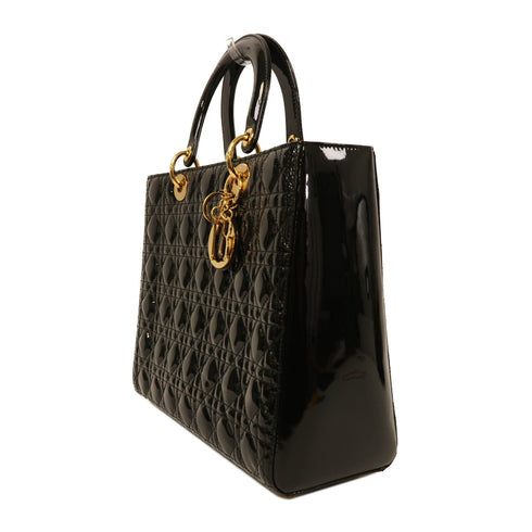 Christian Dior CD GHW Lady Dior Tote 2 Way Bag Handbag Patent Leather Black