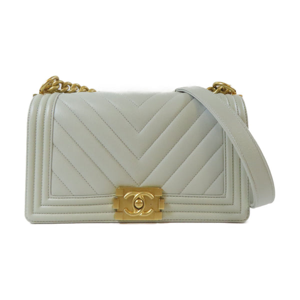 CHANEL Herringbone CC GHW Boy Chain Shoulder Bag Caviar Leather Grey