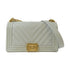 CHANEL Herringbone CC GHW Boy Chain Shoulder Bag Caviar Leather Grey