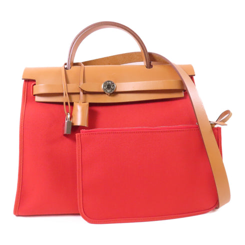 HERMES PHW Herbag PM 2 Way Shoulder Bag Canvas Leather Rouge Tomate