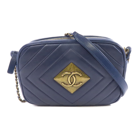 CHANEL Herringbone CC GHW Chain Shoulder Bag Calfskin Leather Blue