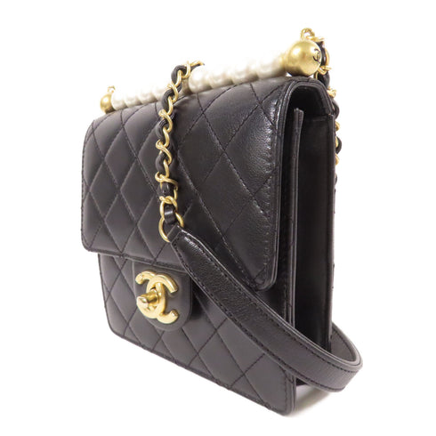 CHANEL Quilted CC GHW Chic Pearls Flap Chain Shoulder Bag Lambskin Leather Black