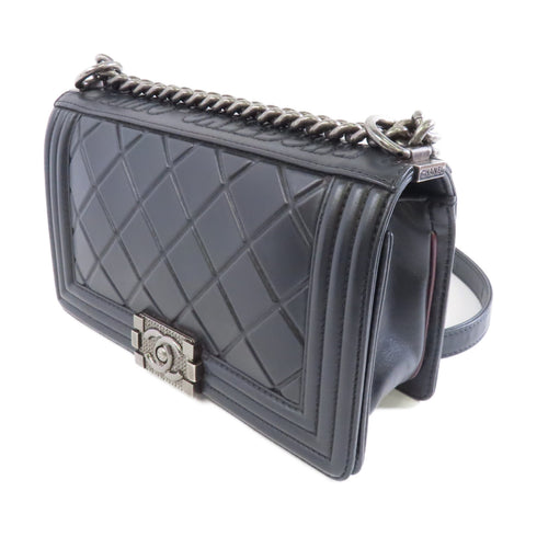 CHANEL Quilted CC SHW Paris Salzburg Boy 25 Chain Shoulder Bag Lambskin Black