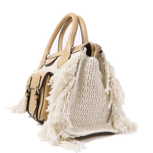 Chloe GHW Edith Fringe 2 Way Bag Leather/Cotton/Polyester White/Brown