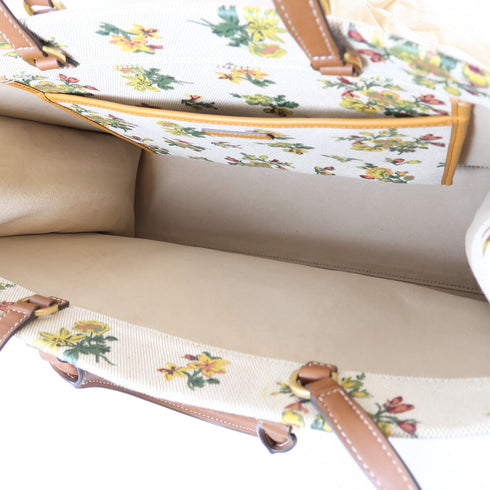 Tory Burch GHW Tote Bag 2 Way Bag Canvas/Calfskin Leather Beige/Yellow/Green