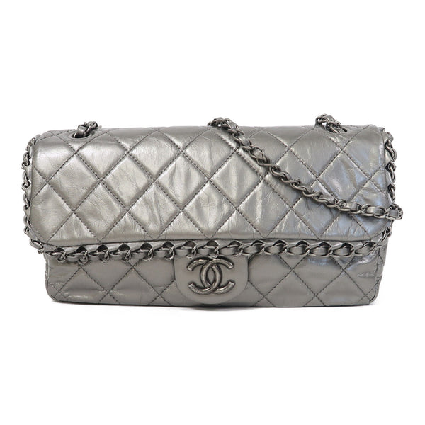 CHANEL Quilted CC SHW Chain Shoulder Bag Calfskin Leather Silver