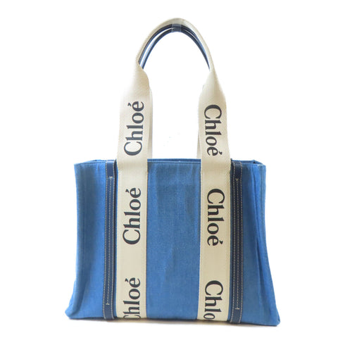 Chloe Medium Woody Tote Bag Shoulder Handbag Denim Blue