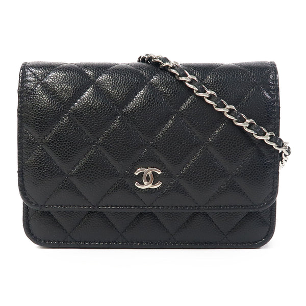 CHANEL Quilted CC SHW Wallet On Chain Mini WOC Chain Shoulder Bag Caviar Black