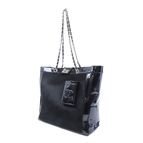 CHANEL CC Chain Shoulder Bag Horsehair Patent Leather Black
