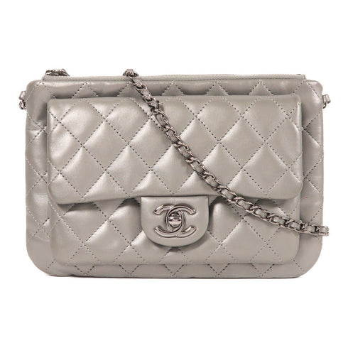 CHANEL CC Chain Shoulder Bag Lambskin Leather Silver