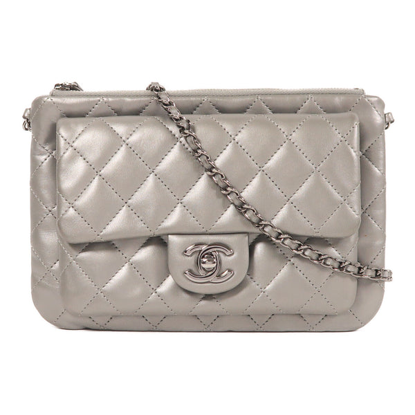 CHANEL CC Chain Shoulder Bag Lambskin Leather Silver