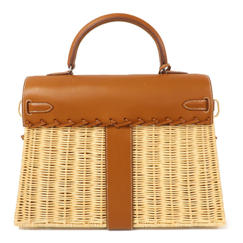 HERMES PHW Kelly Picnic 35 Handbag 063055CK Barenia Osier Wicker Brown Beige