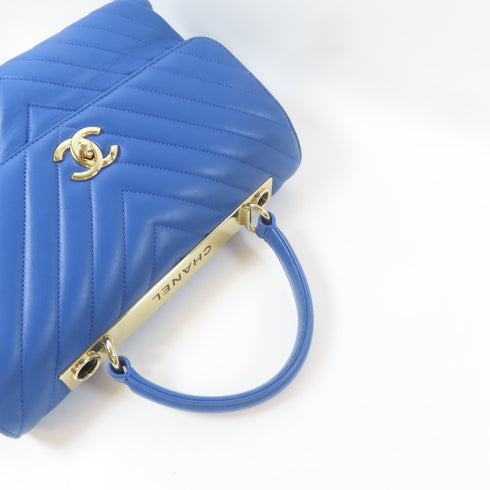 CHANEL Herringbone GHW Trendy CC 2 Way Shoulder Handbag Calfskin Leather Blue