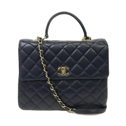 CHANEL Quilted CC GHW Large Trendy 2way Chain Shoulder Bag Lambskin Leather Navy