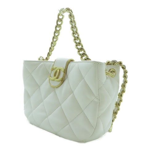 CHANEL Quilted CC GHW Coco Mark 2way Chain Shoulder Bag Lambskin Leather White