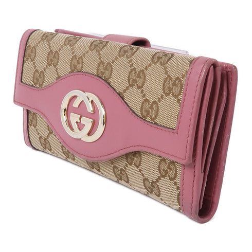 GUCCI GG GHW Interlocking Long Wallet 282426 Canvas Leather Brown Pink