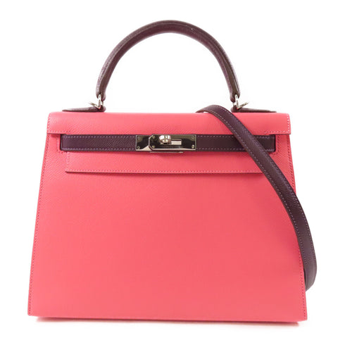 HERMES PHW Kelly 28 2 Way Bag Epsom Leather Pink/Brown