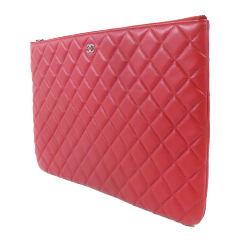 CHANEL Quilted CC SHW Pouch Clutch Bag Lambskin Leather Red