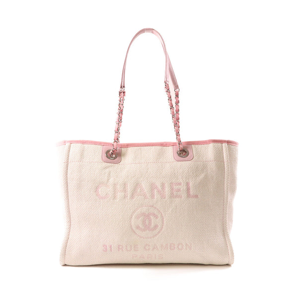 CHANEL CC SHW Deauville Tote Bag Shoulder Bag Straw White/Pink