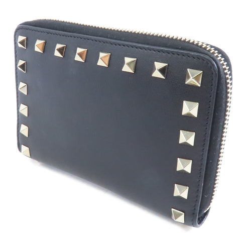 Valentino GHW Zipper Wallet Calfskin Leather Black