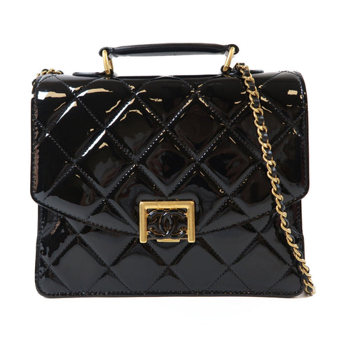 CHANEL Quilted CC GHW Top Handle Flap AS4184 2Way Chain Bag Patent Leather Black
