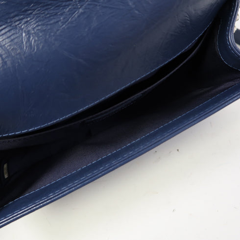 CHANEL Herringbone CC SHW Boy 25 Chain Shoulder Bag Calfskin Leather Blue