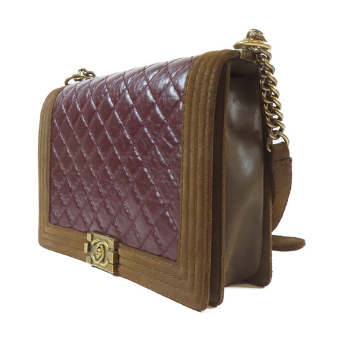 CHANEL Quilted CC GHW Boy 30CM Chain Shoulder Bag Caviar Leather Red Brown