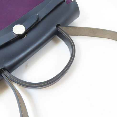 HERMES PHW Herbag PM 2 Way Shoulder Handbag Canvas Leather Cassis Bleu Indigo