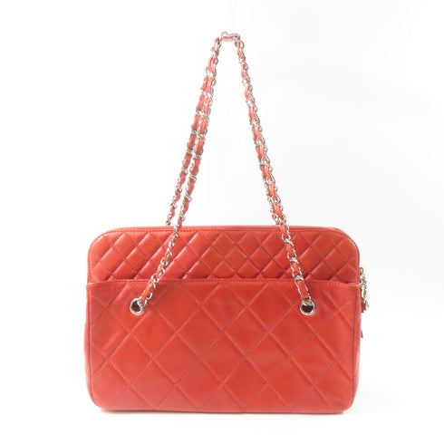 CHANEL Quilted CC SHW Tote Bag Chain Handbag Calfskin Leather Red