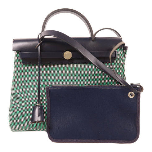 HERMES PHW Herbag PM 2 Way Shoulder Bag Handbag Canvas/Leather Green/Black