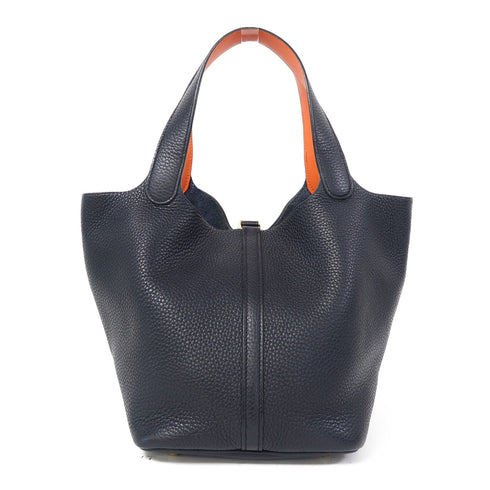 HERMES GHW Picotin MM Hand Bag/Bucket Tote Bag Clemence Leather Midnight/Orange