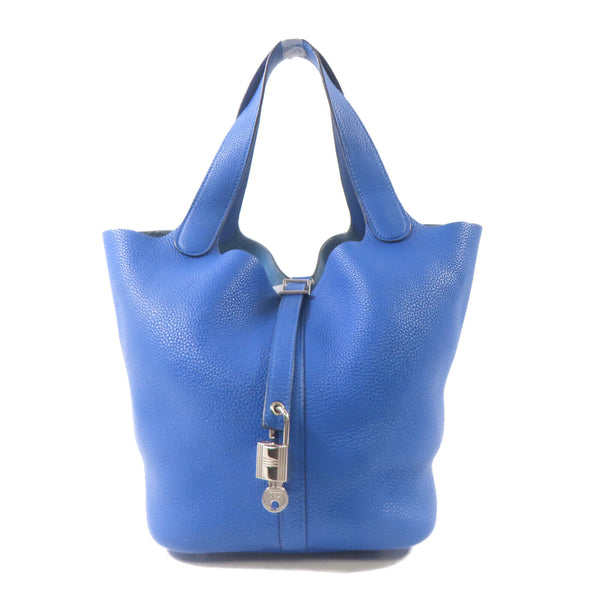 HERMES PHW Picotin MM Tote Bag Handbag Clemence Leather Bleu Zellige Blue